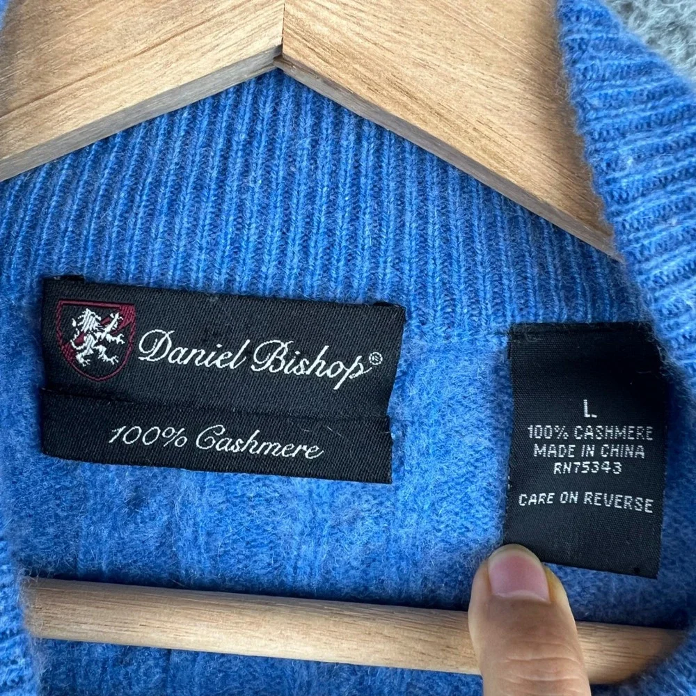 Daniel Bishop Mens 100% Cashmere Cable Knit Quarter Zip Sweater Blue Large